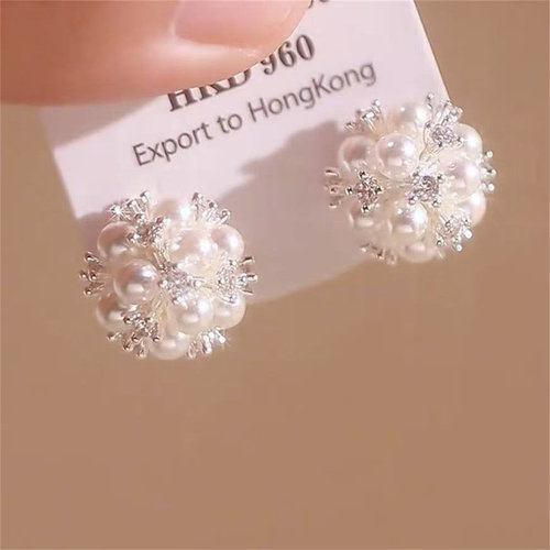 925纯银针锆石珍珠绣球耳钉新款