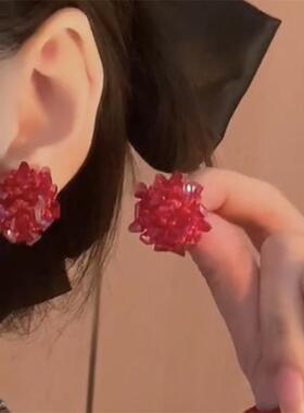 925银针红色水晶花球耳环超仙气质高级感耳钉2025新款潮新年耳饰