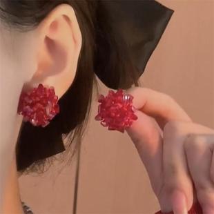 925银针红色水晶花球耳环超仙气质高级感耳钉2025新款潮新年耳饰