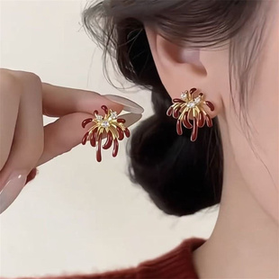 重工红色珐琅烟花耳钉纯银针轻奢高级感气质耳环小众独特耳饰女