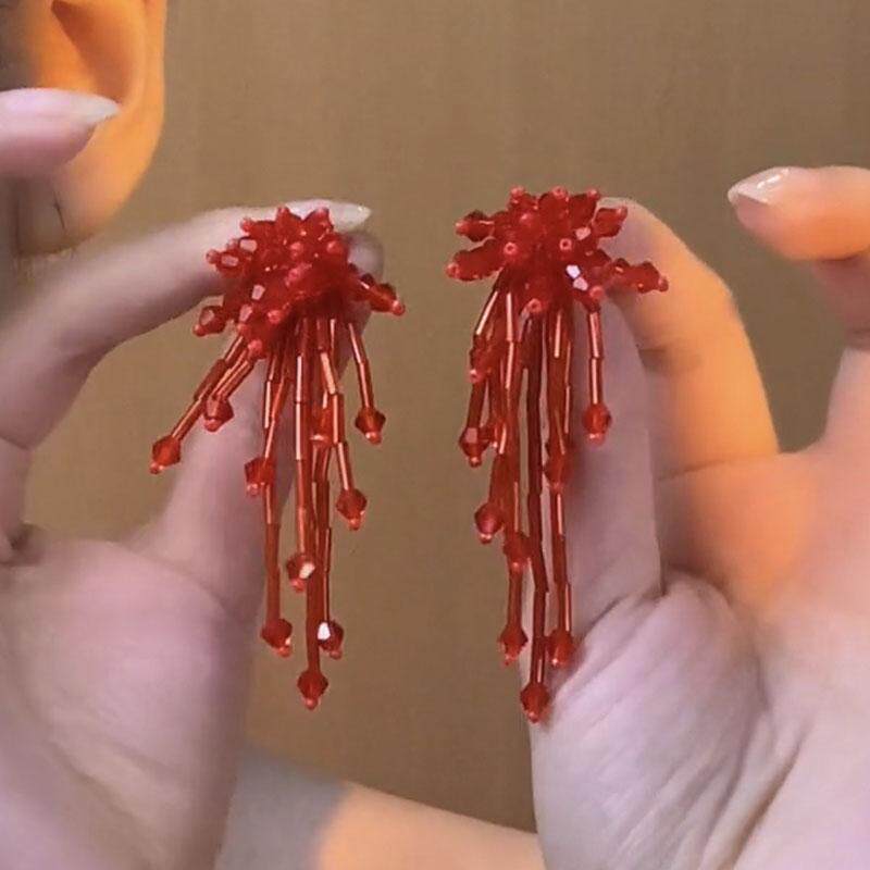 显白红色水晶烟花流苏耳环女设计