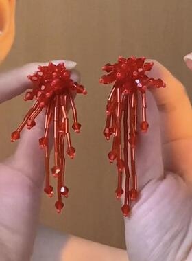 显白红色水晶烟花流苏耳环女设计