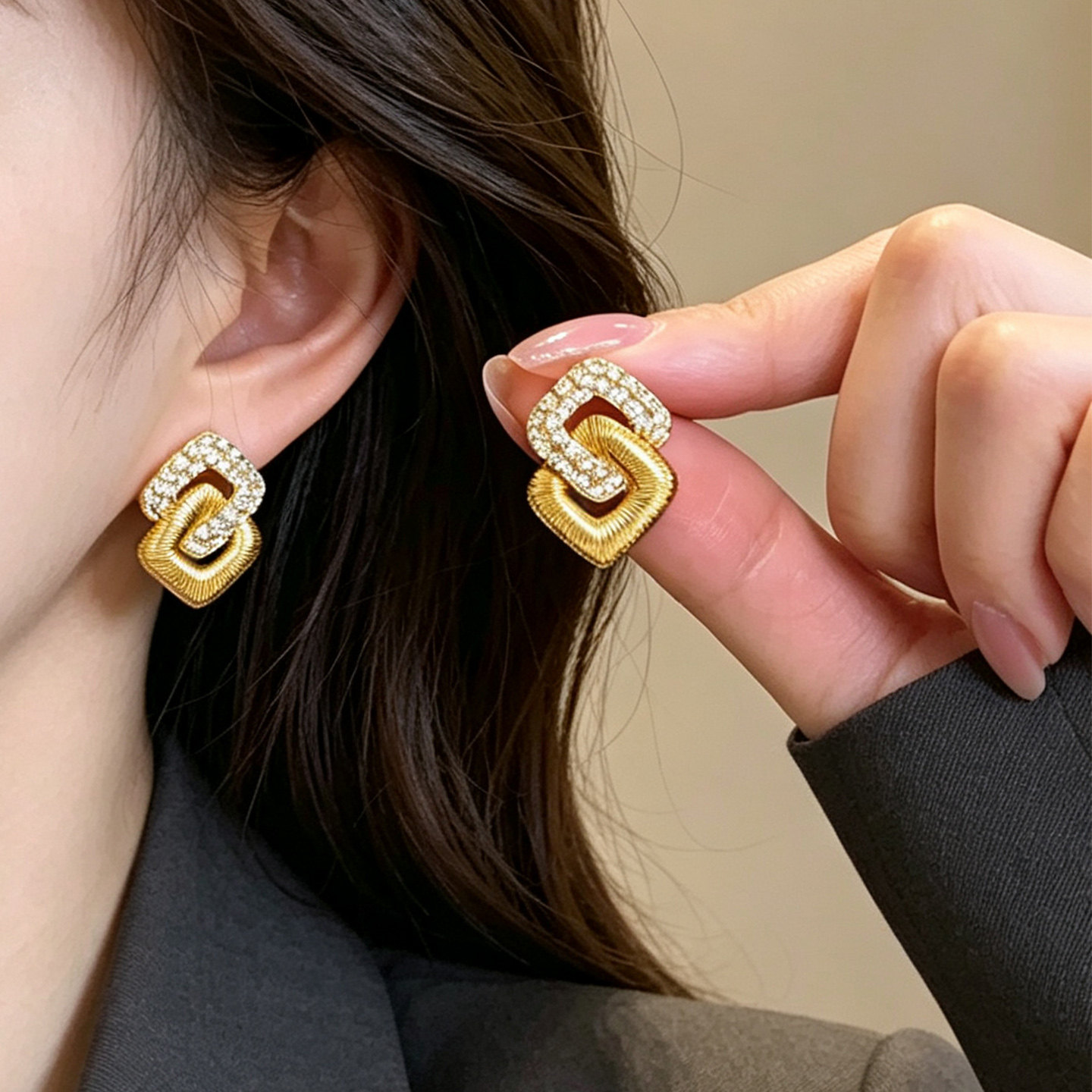金色双菱形几何耳环女时尚洋气