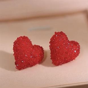 925银针红色满钻爱心耳钉女甜美可爱气质百搭耳环高级感过年耳饰