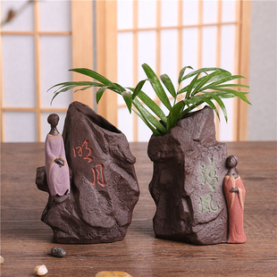 精美茶宠办公摆件紫砂陶瓷侍女清风明月茶道花插饰品创意笔筒包邮