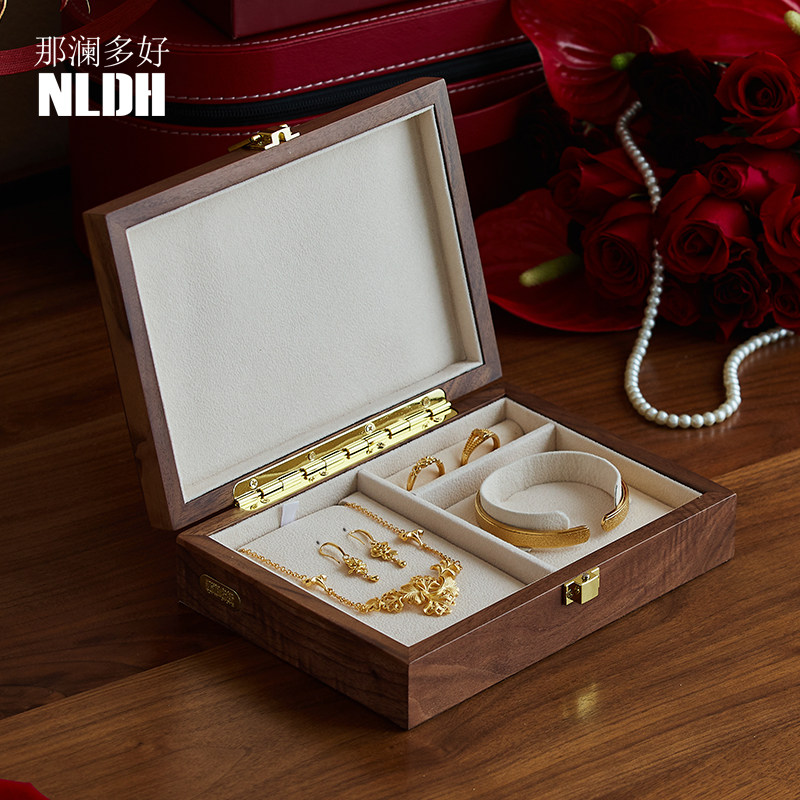 胡桃木便携式双层大容量首饰盒珠宝盒耳钉耳环手链戒指复古收纳盒