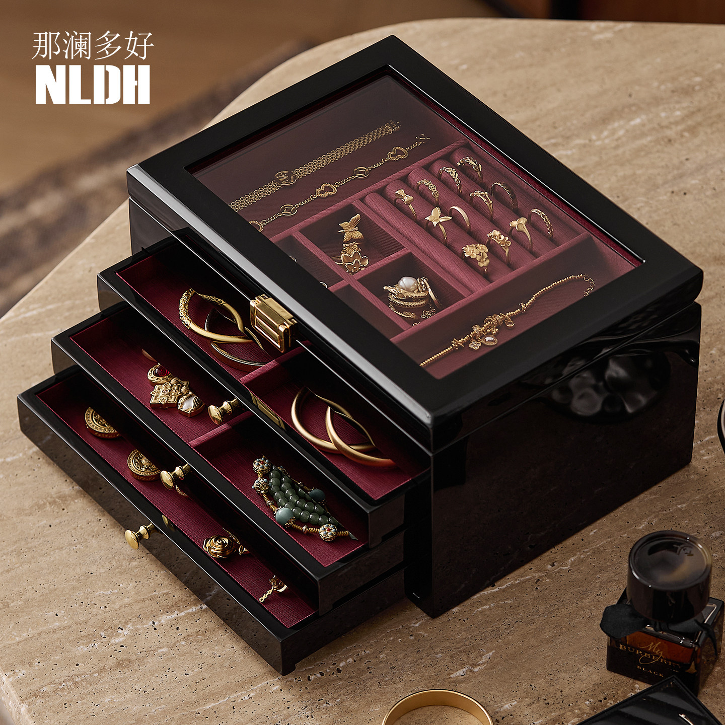轻奢高档精致首饰盒情人节礼物耳环项链饰品手饰黄金收纳盒大容量