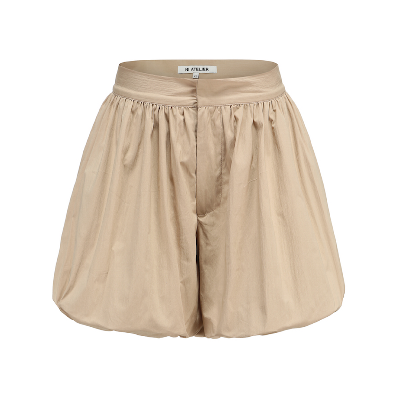 ni atelier 原创设计师品牌 浅奶咖色褶皱棉感弹力趣味泡泡短裤