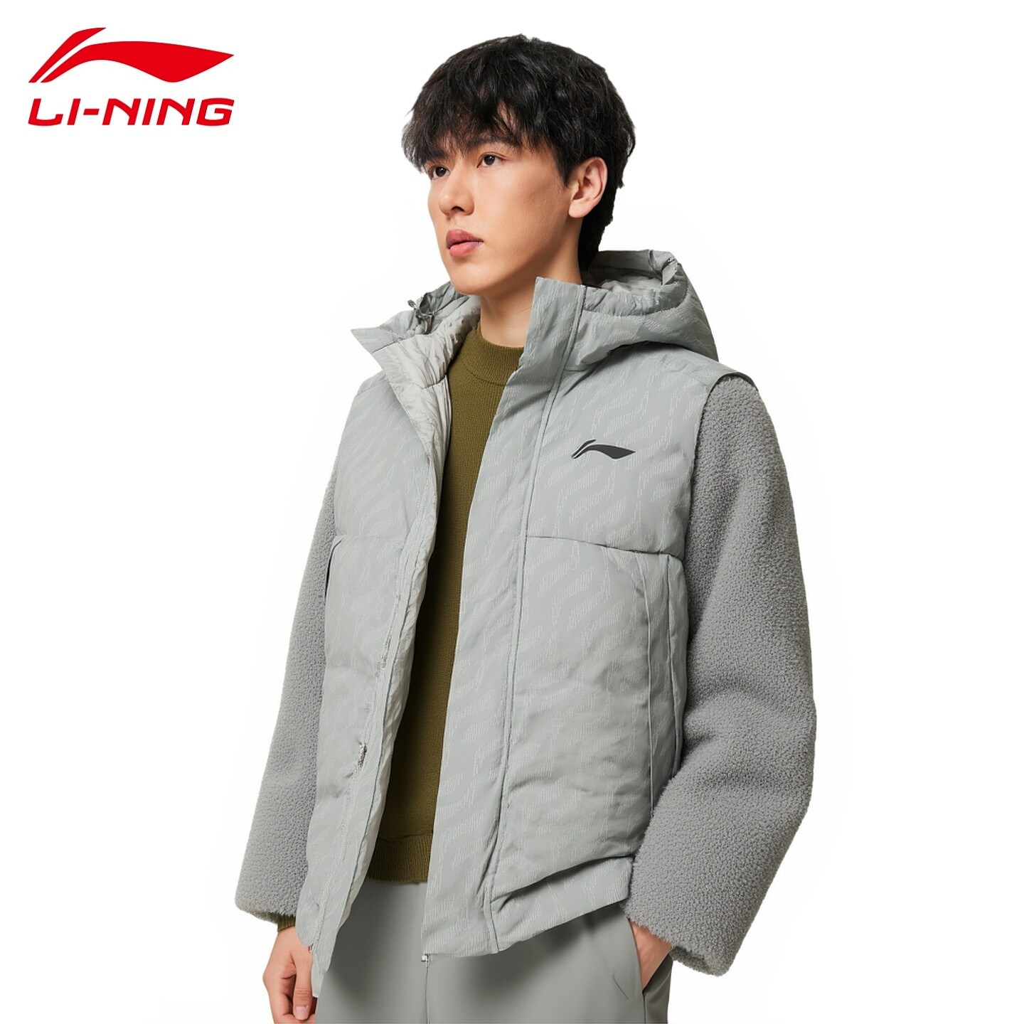 李宁男子防风连帽保暖羽绒马甲