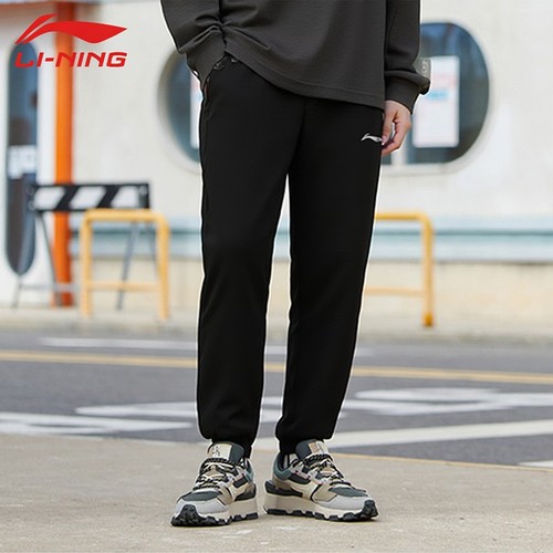 李宁男黑色束脚透气运动长裤