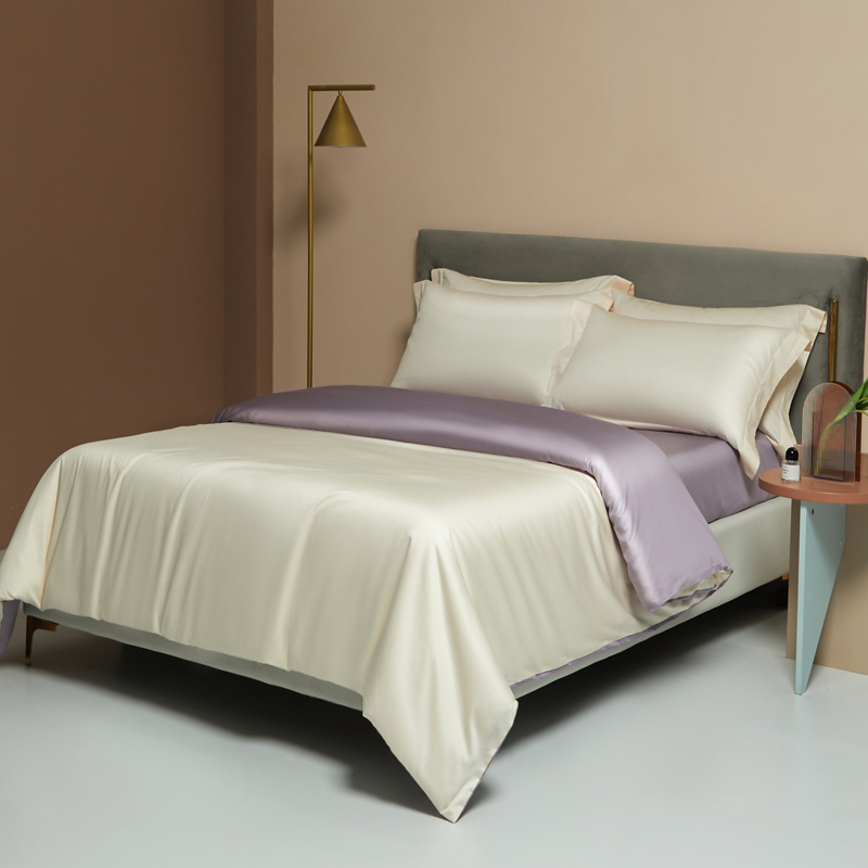 淡黄色四件套高端100支新疆长绒棉纯棉暗紫纯色全棉床单1.21.52米