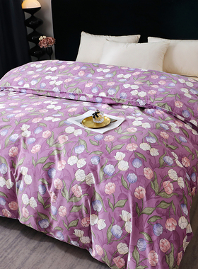 葡萄紫色郁金香被套单件全棉加厚磨毛被罩袋纯棉深紫色花1.51.82m
