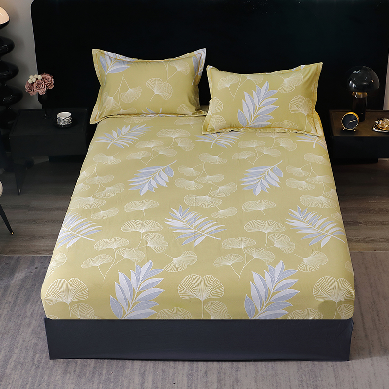 荧光黄色床笠单件全棉加厚磨毛床罩套纯棉奶白黄银杏叶单双人加大