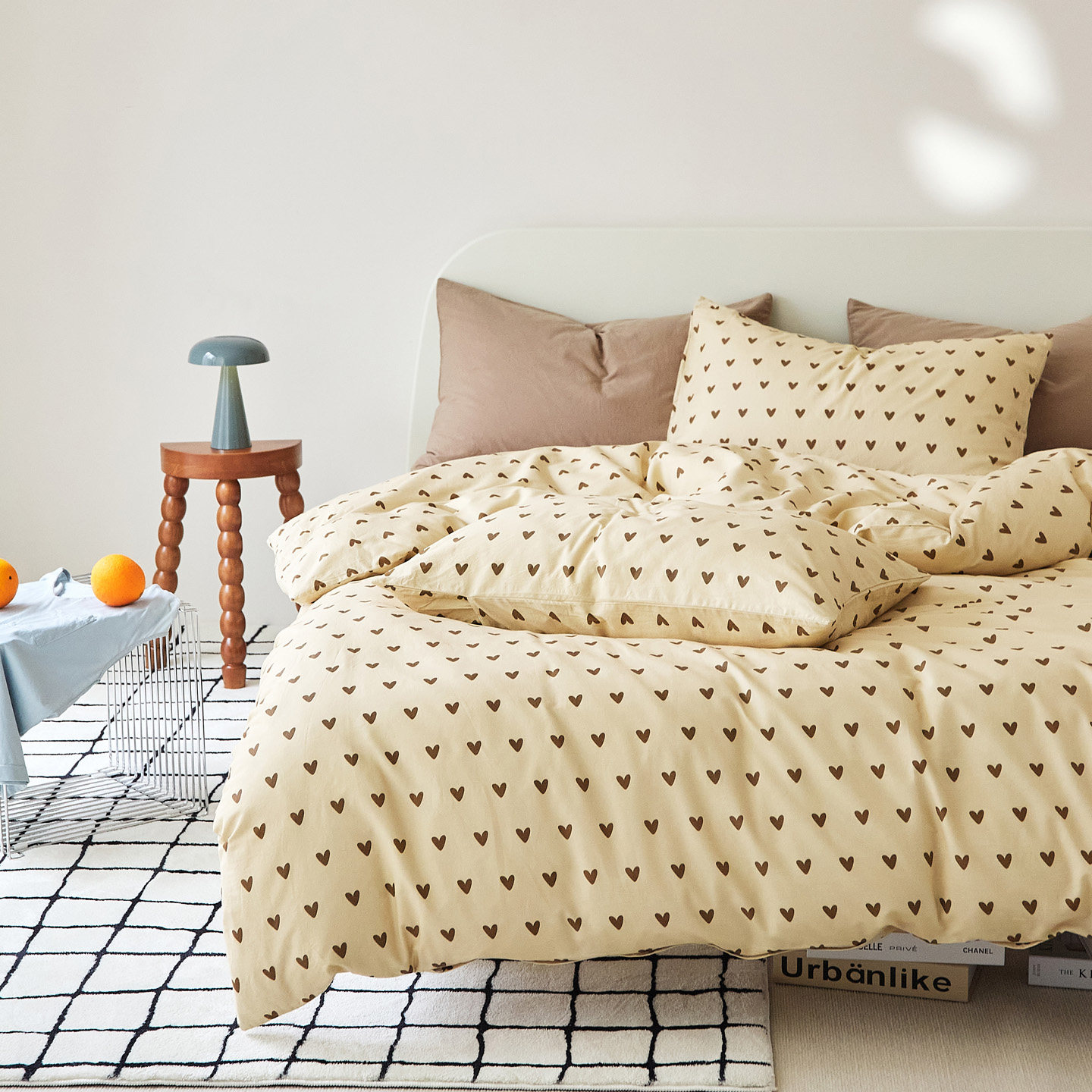 高密度全棉斜纹四件套浅黄色姜黄色爱心小碎花床单笠纯棉单人双人