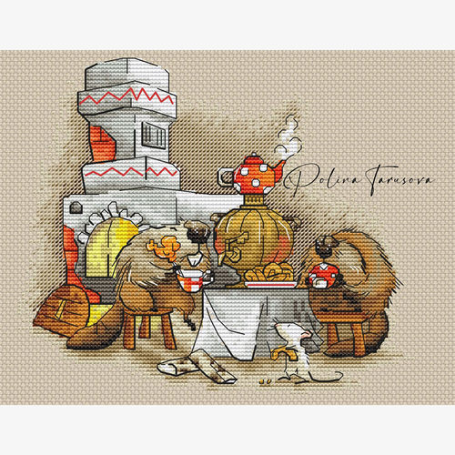 多金绣铺十字绣自配套件DMC/R线/精准印花十字绣/D048海狸喝茶