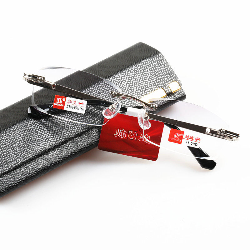 帅迪无框老花镜切边男款时尚防蓝光弹簧镜腿不夹脸男士品牌老视镜