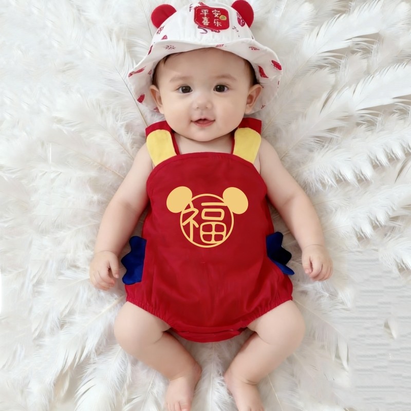 马年宝宝周岁吊带背心新生满月百天夏季婴儿衣服纯棉红色礼服喜庆