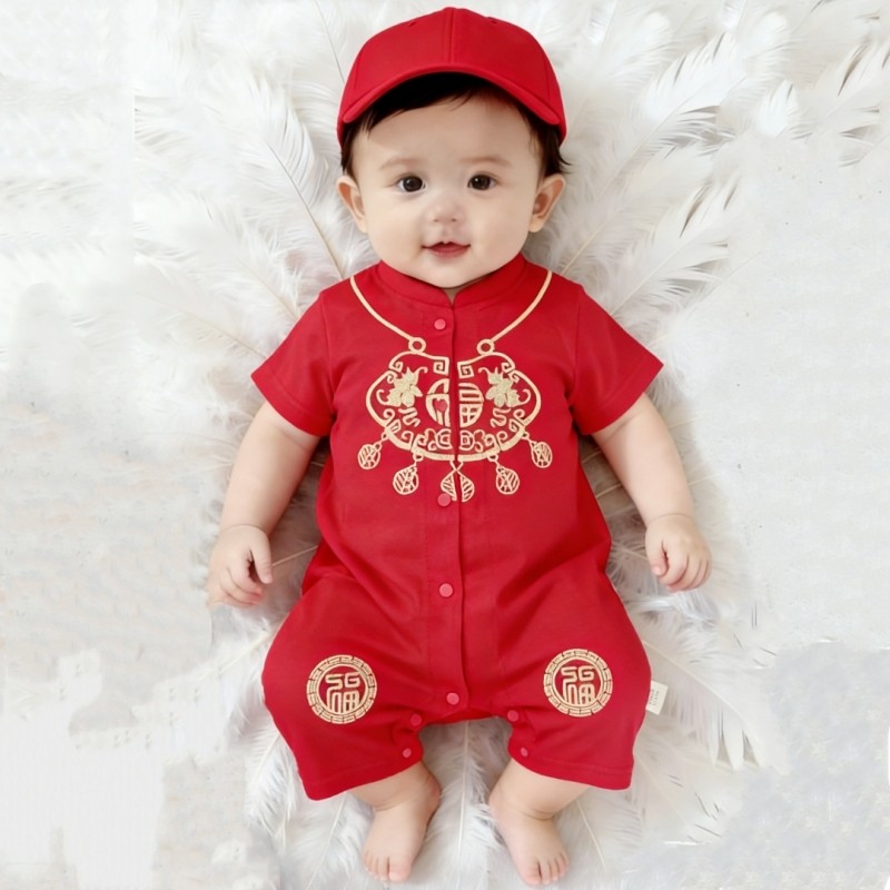 婴儿衣服夏季短袖连体衣宝宝满月红色喜庆新年装过年服拜年服周岁