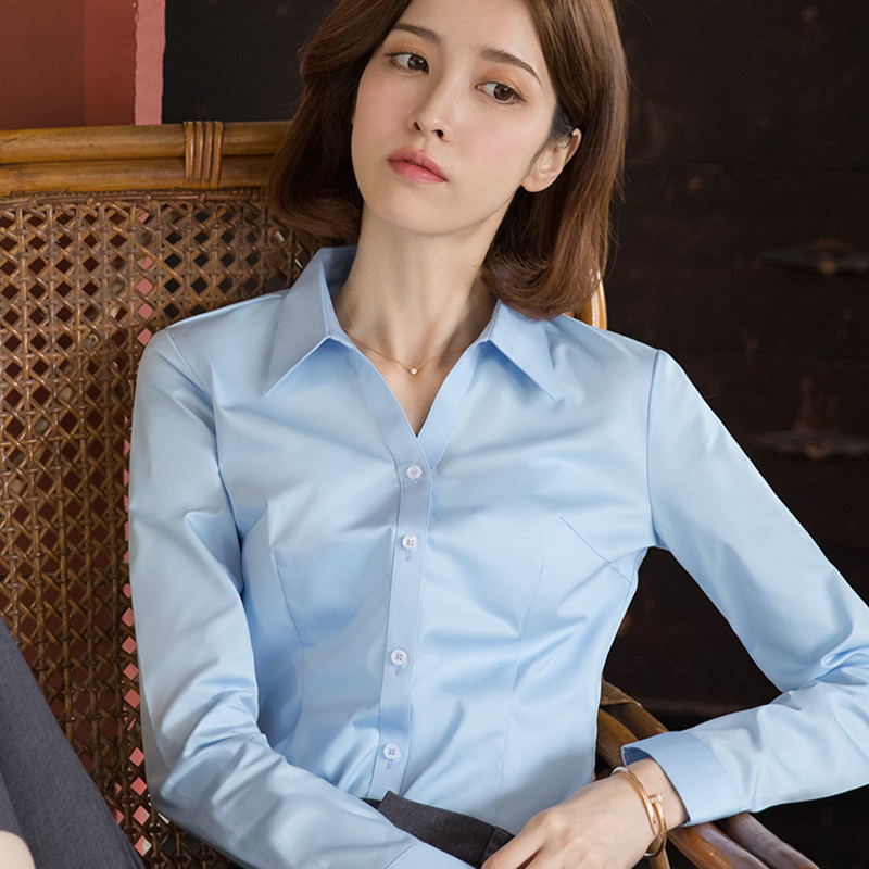 蓝色V领女士长袖衬衫商务职业气质正装春秋季白衬衣ol设计感小众