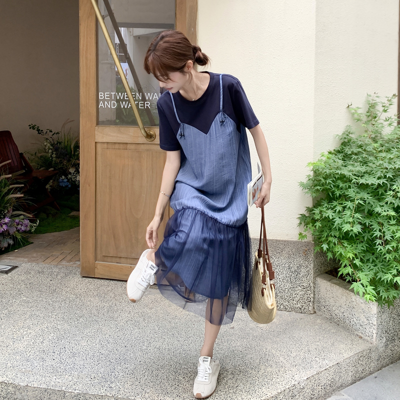 设计感假两件网纱拼接连衣裙女2025夏季新款独特漂亮小个子T恤裙