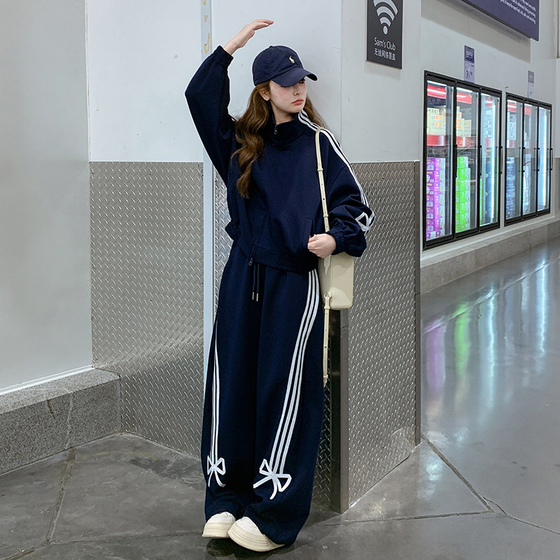 藏青色休闲运动风套装女2026秋