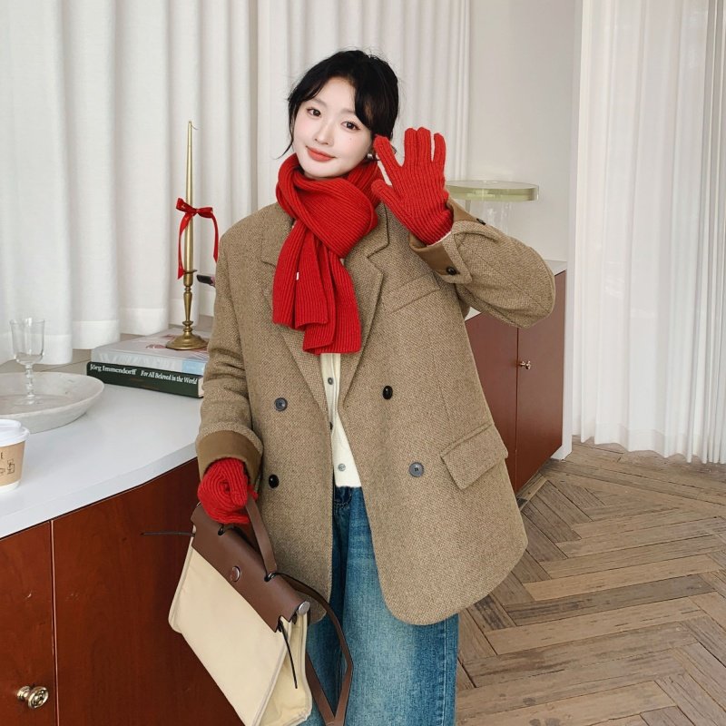 卡其色老钱风粗花呢90白鸭绒西装羽绒服女2025年冬季新款保暖外套