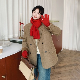 卡其色老钱风粗花呢90白鸭绒西装羽绒服女2025年冬季新款保暖外套