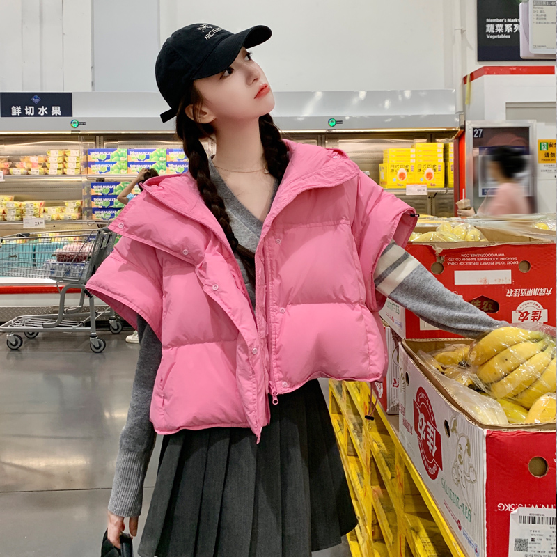 玫红色可拆袖两穿连帽羽绒服女2024冬季新款绒加厚保暖马甲面包服