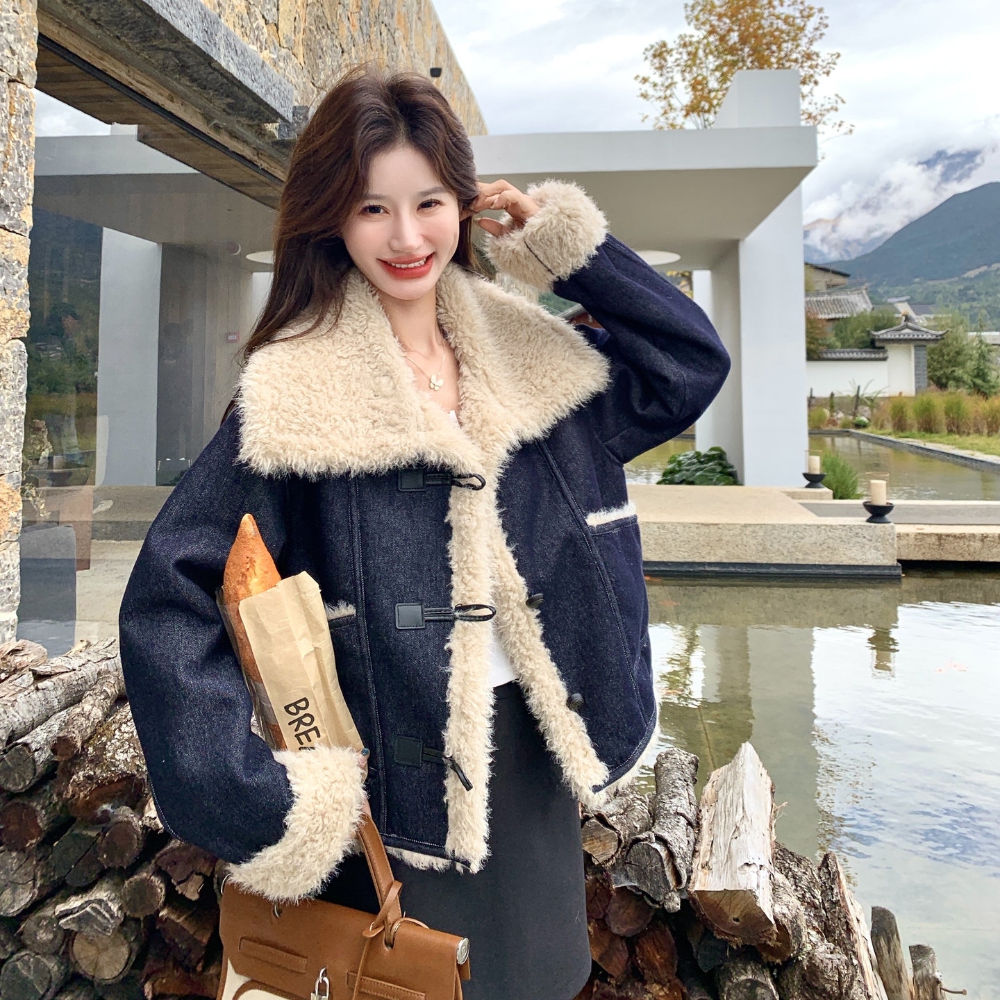 藏蓝色韩系慵懒风羊羔毛棉衣外套