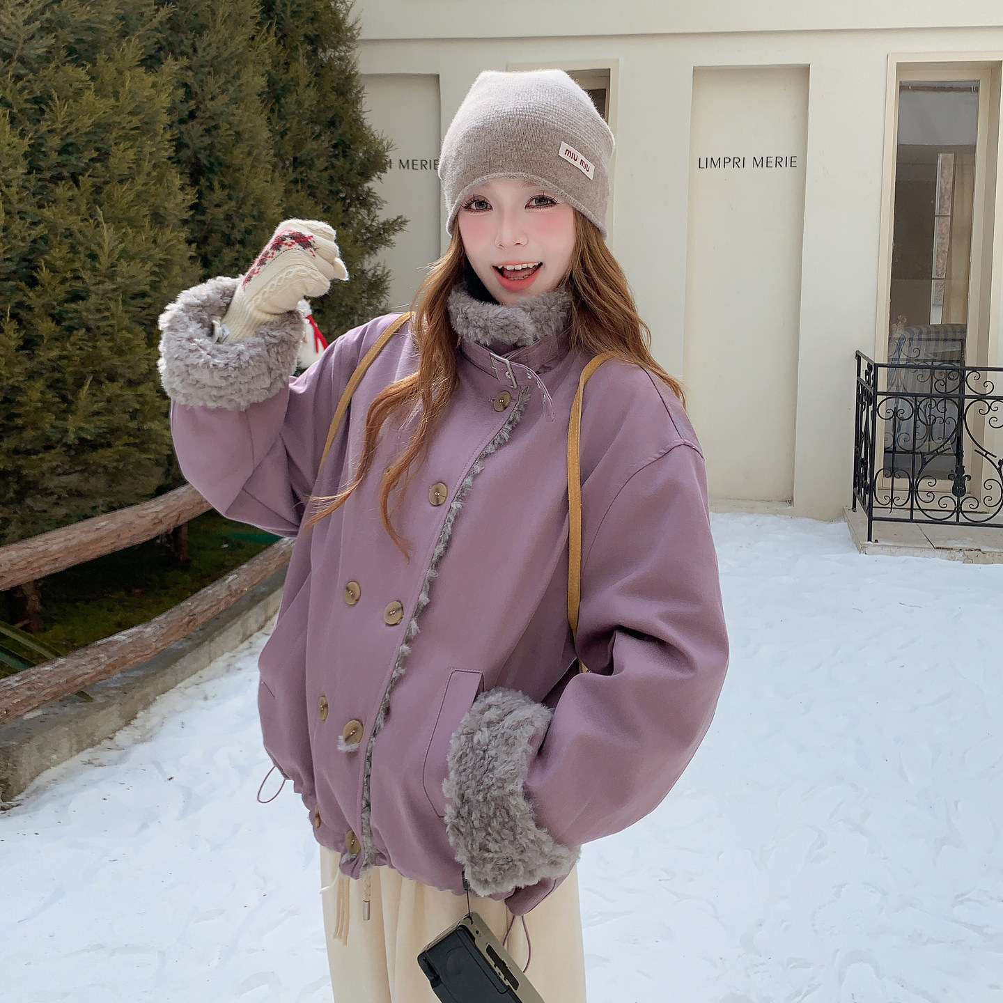 紫色立领羽绒服女2025冬新款韩系毛绒拼接加厚保暖90白鸭绒外套