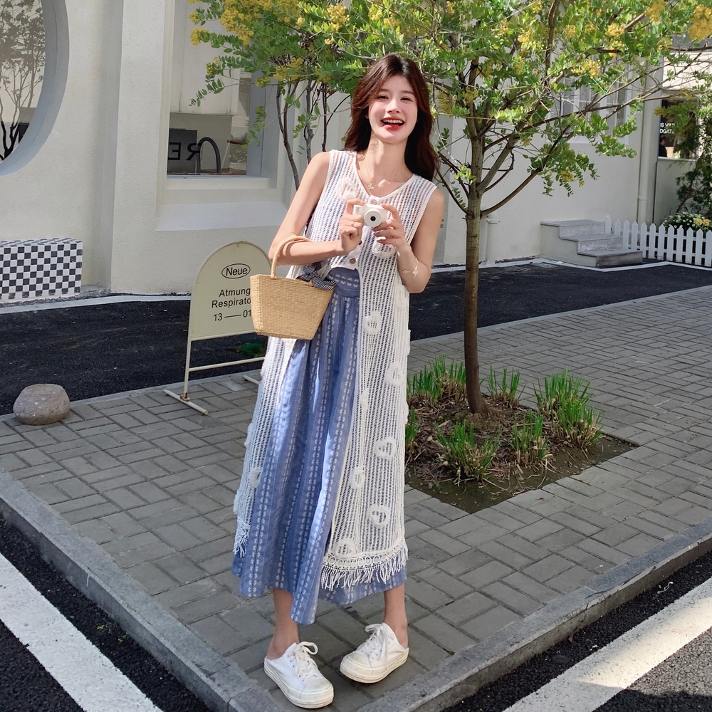 时髦感洋气减龄吊带连衣裙套装女2025年夏季新款度假风罩衫两件套