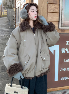 卡其色工装设计感圈圈毛翻领棉服女2025冬季新款加绒加厚棉衣外套