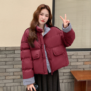 红色气质氛围感格子拼接短款羽绒服女2025年冬季新款加厚保暖外套
