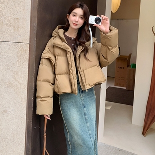 可拆卸袖子卡其短款小个子羽绒服女冬季2023新款保暖90白鸭绒外套