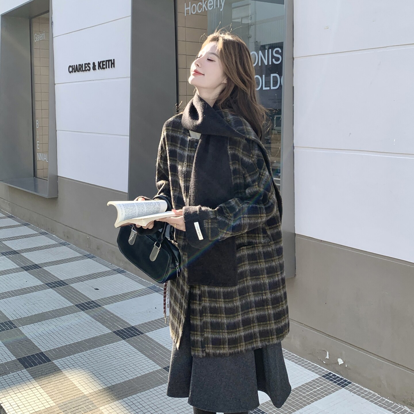 法式复古氛围感格纹围巾款毛呢外套女2026秋冬新款双面呢羊绒大衣