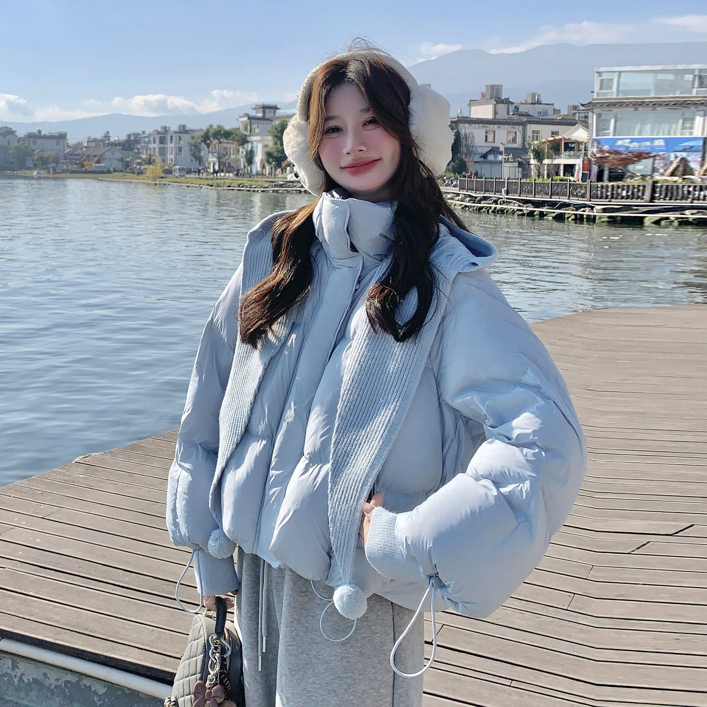 蓝色小清新可拆卸针织连帽羽绒服女2025冬季新款90白鸭绒轻暖外套