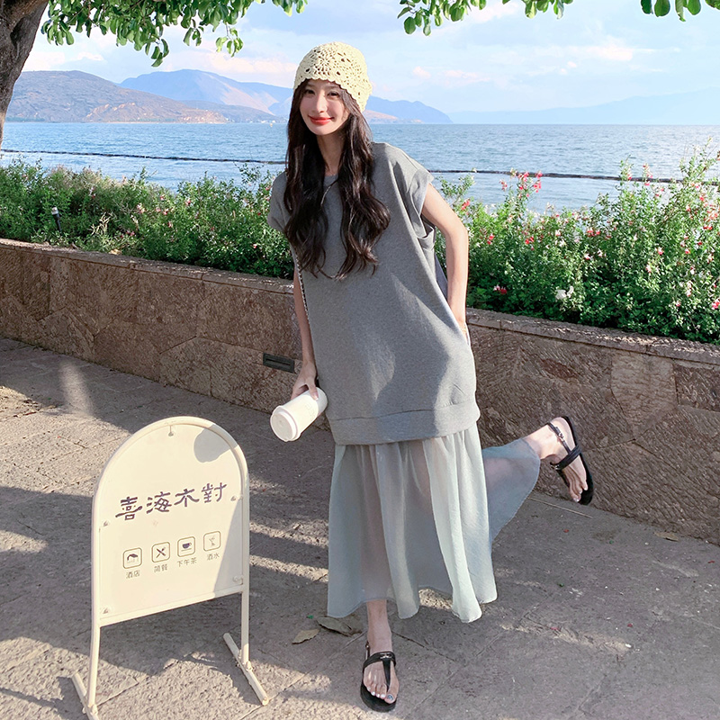 灰色学院风柔美减龄拼接卫衣连衣裙女2025夏季新款甜美小清新长裙