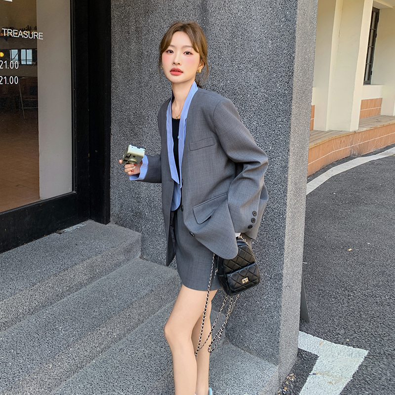 灰色时尚假两件拼接西装套装裙女2025年春季新款高腰半身裙两件套