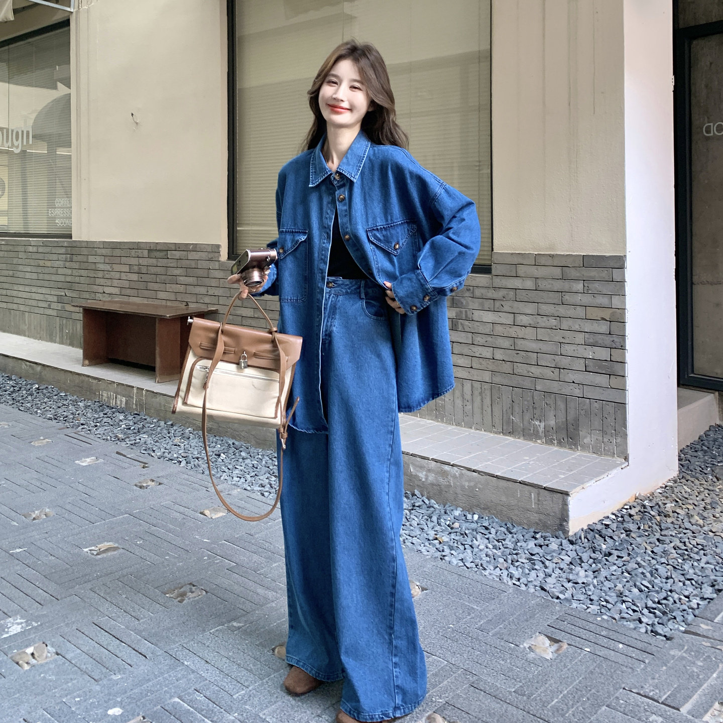 蓝色时尚慵懒松弛感牛仔套装女