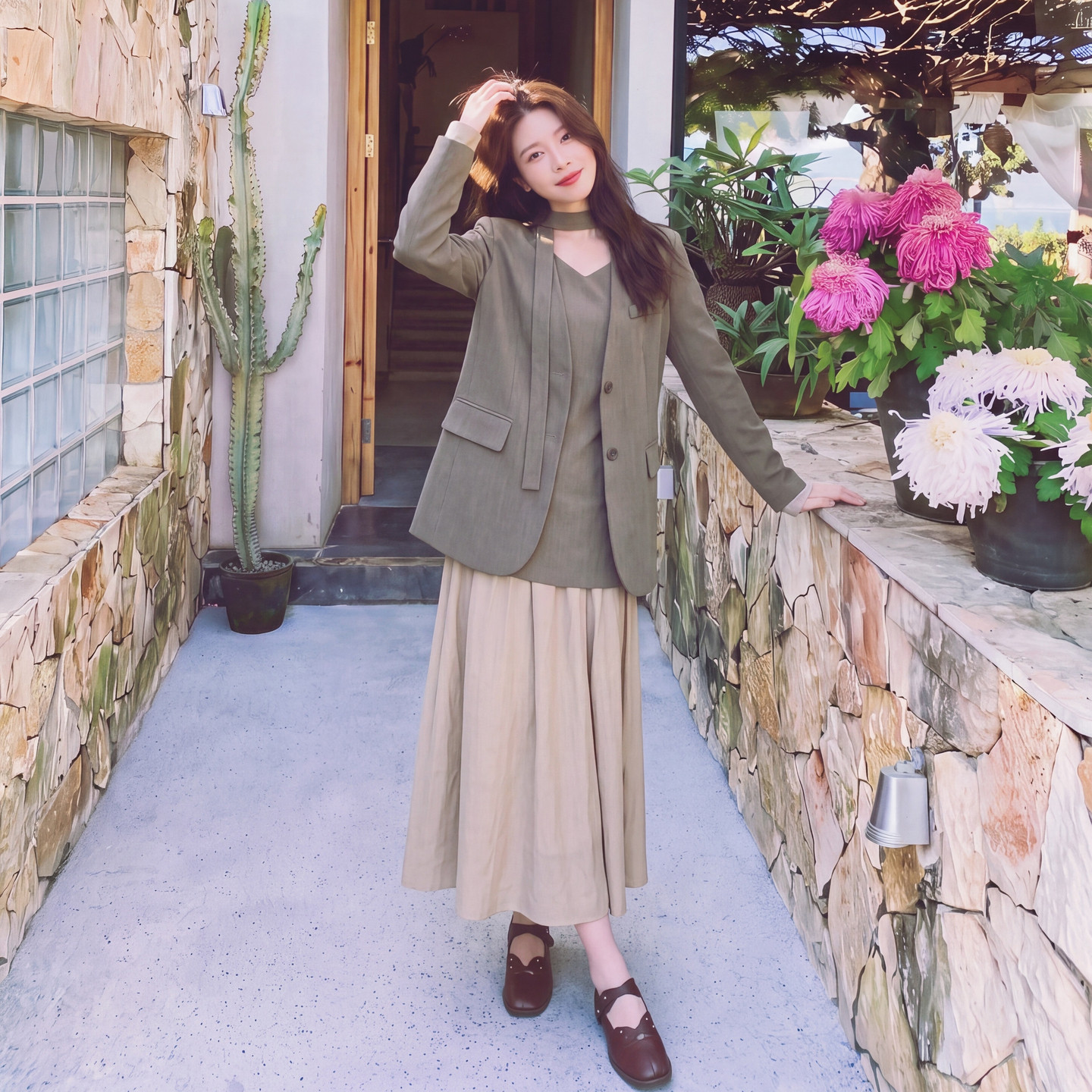 韩系老钱风飘带西服套装裙女