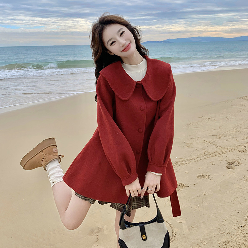 红色俏皮减龄少女感娃娃领毛呢外套女2025冬季新款双面呢羊毛大衣