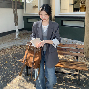 灰色潮流时髦范减龄西装外套女2025年秋季新款韩系宽松休闲小西服