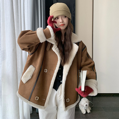 棕色羊羔毛软糯皮毛一体外套女2025冬季新款加厚保暖麂皮绒棉服