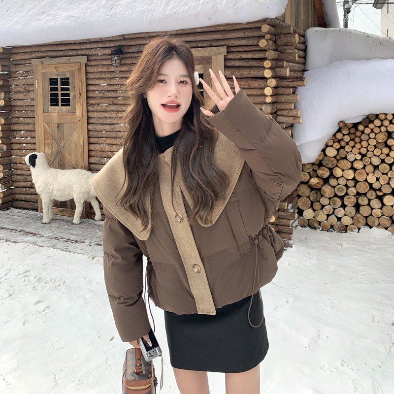 咖啡色俏皮减龄毛呢拼接娃娃领羽绒服女2025冬季新款90白鸭绒外套