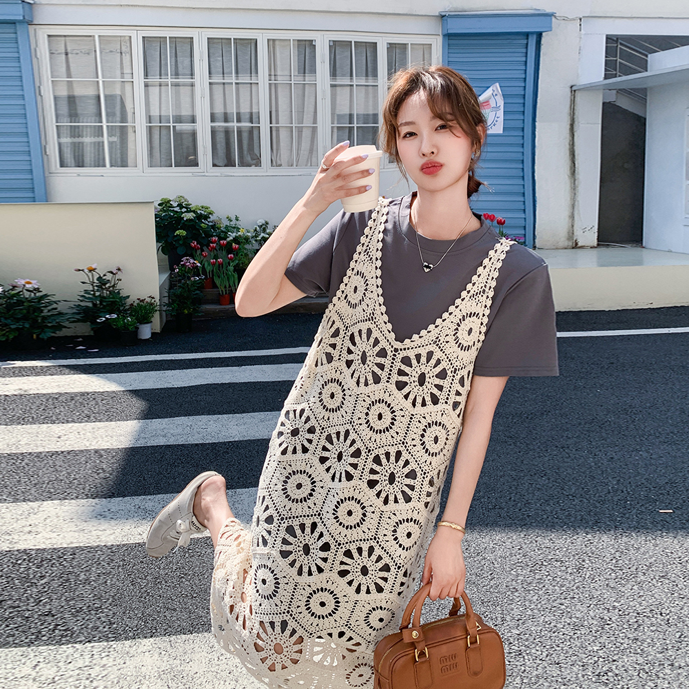 灰色叠穿镂空钩花罩衫连衣裙套装女2025夏新款度假风T恤裙两件套