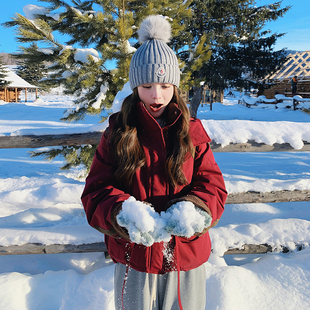 红色超好看的90白鸭绒工装羽绒服女2025冬季新款御寒保暖短款外套