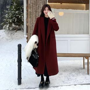 安可拉红西装式收腰双面呢羊绒大衣女2024冬新款韩系长款毛呢外套