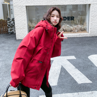 红色学院风工装羽绒服女2025年冬季新款90白鸭绒加厚保暖连帽外套