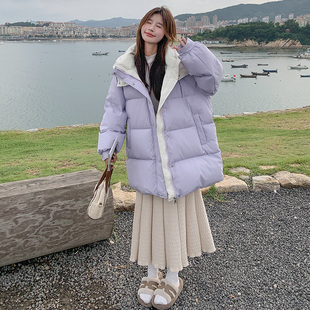 浅紫色温柔风撞色拼接连帽棉服女2025年冬季新款俏皮减龄棉衣外套