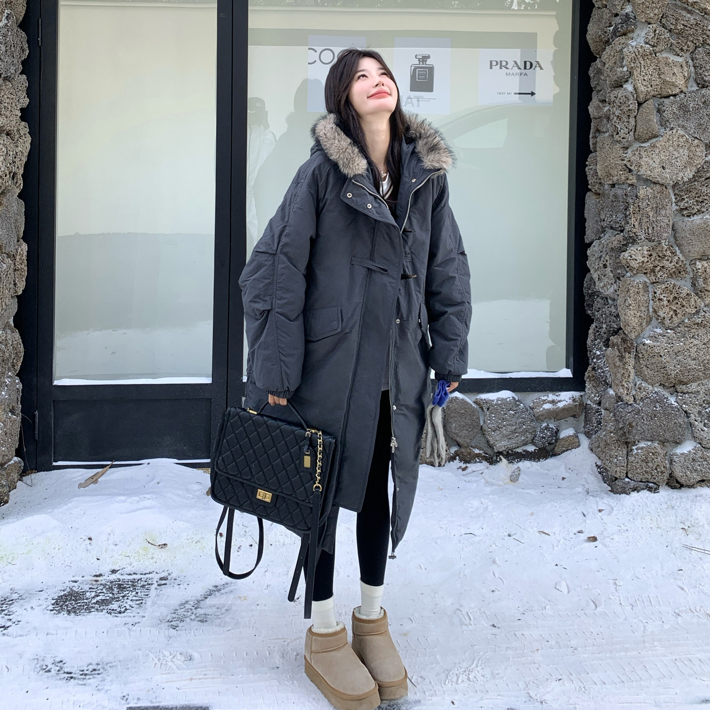 灰色韩系慵懒风大毛领连帽羽绒服女2025冬季新款90白鸭绒长款外套